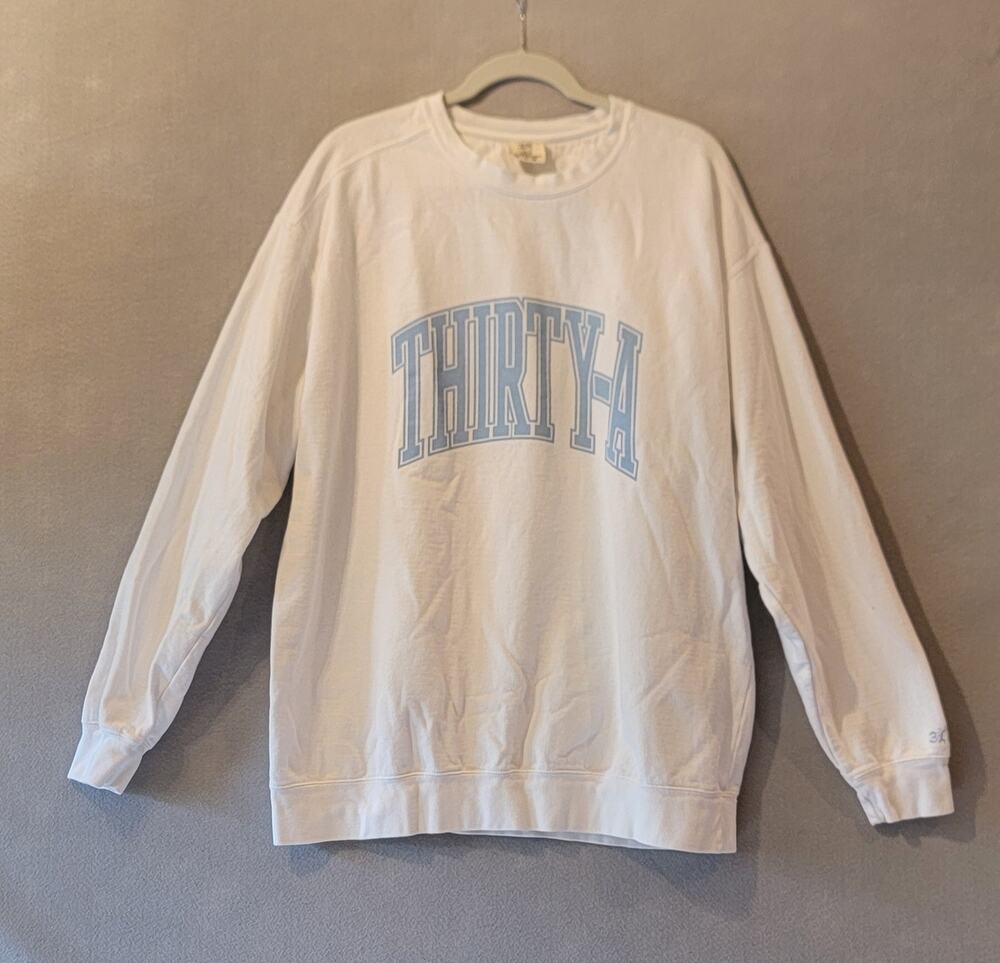 Thirty-A 30A Comfort Colors White Crewneck Sweatshirt XL Light Blue Graphic